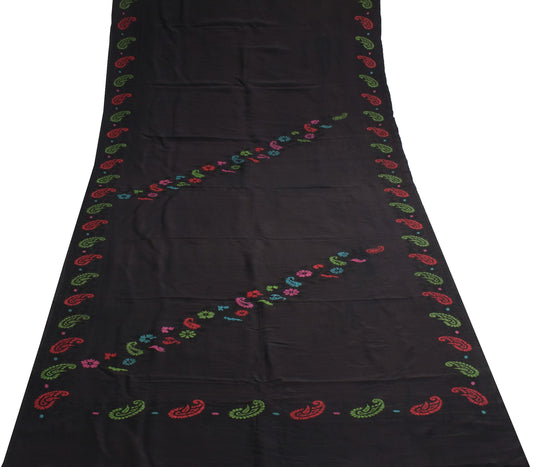 Sushila Vintage Black Hand Woven Saree 100% Pure Silk Paisley Soft Sari Fabric