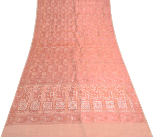 Sushila Vintage Pure Organza Sari Salmon Peach Woven Zari Brocade Saree Fabric