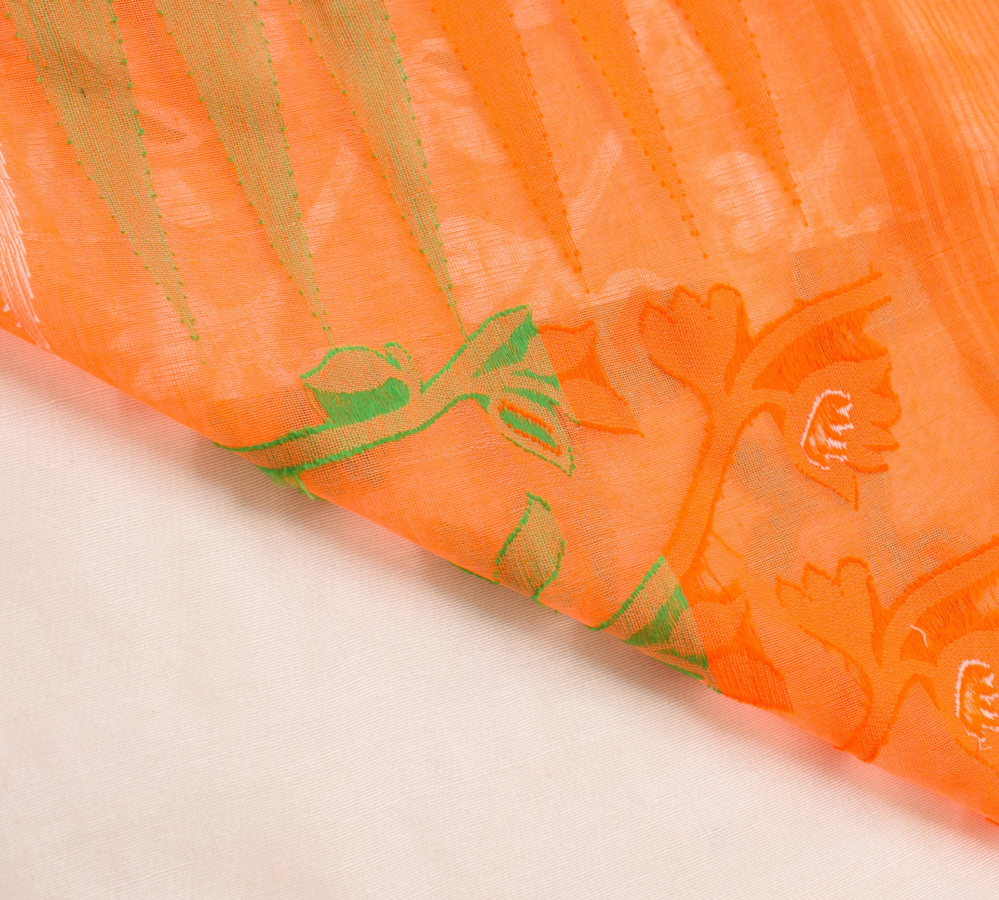 Sushila Vintage White Orange Sari Cotton Art Jamdani Woven Saree Floral Fabric