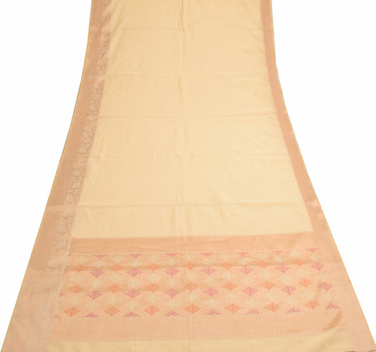 Sushila Vintage Cream Saree with Woven Border Pallu Pure Cotton 5 YD Sari Fabric