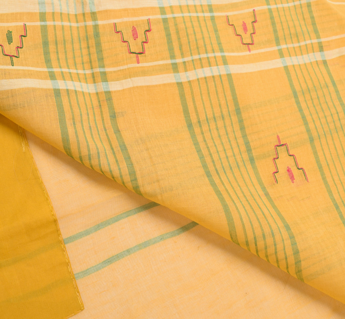 Sushila Vintage Bengal Tant Saree 100% Pure Cotton Yellow Woven 5 YD Sari Fabric