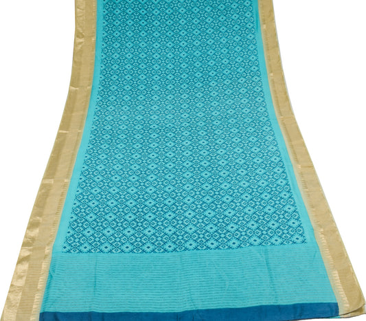Sushila Vintage Aqua Blue Saree with Zari Woven Border Pure Woolen Sari Fabric