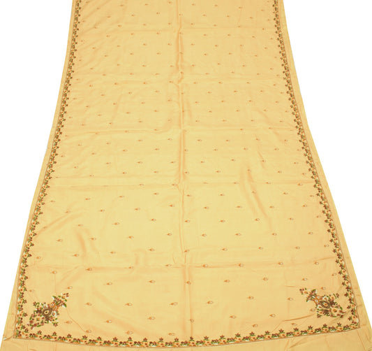 Sushila Vintage Hand Embroidered Saree Beige Pure Silk Floral Sari Soft Fabric