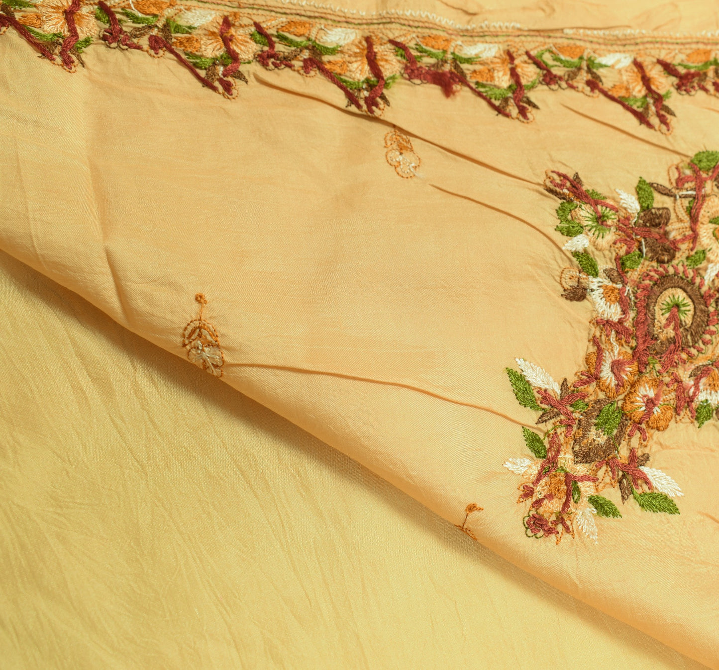 Sushila Vintage Hand Embroidered Saree Beige Pure Silk Floral Sari Soft Fabric