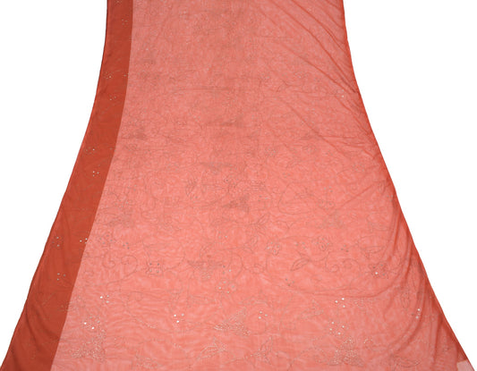 Sushila Vintage Handmade Mukesh Work Sari Rust Net Mesh Saree Fabric
