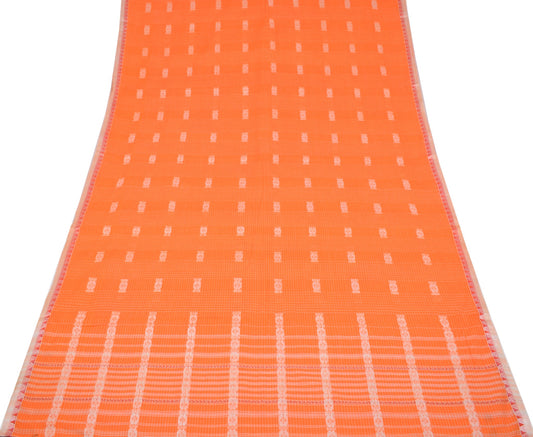 Sushila Vintage Orange Handloom Saree 100% Pure Cotton Floral Woven Sari Fabric