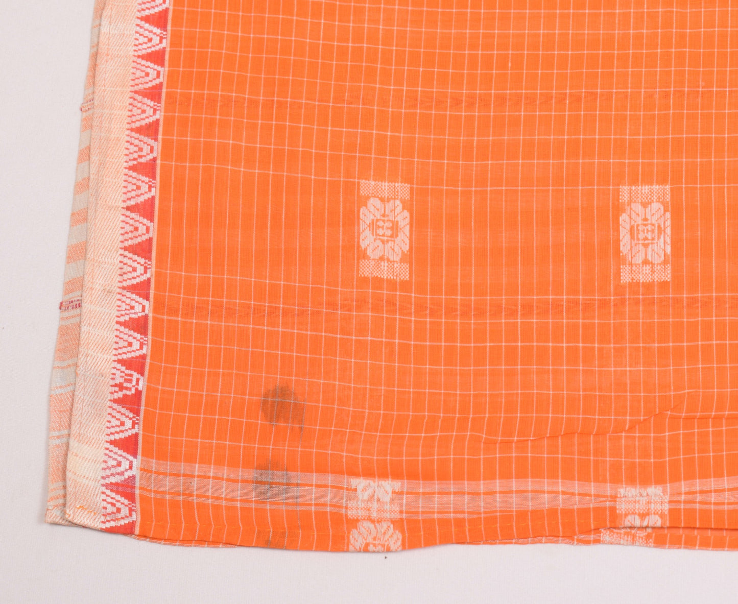 Sushila Vintage Orange Handloom Saree 100% Pure Cotton Floral Woven Sari Fabric