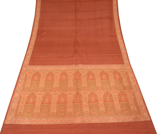 Sushila Vintage Rust Saree with Woven Border Pallu Pure Silk Indian Sari Fabric