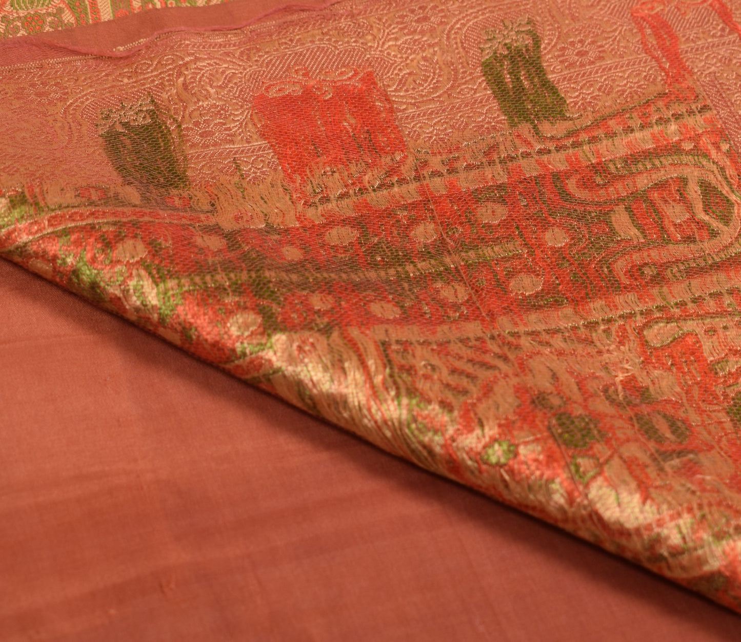 Sushila Vintage Rust Saree with Woven Border Pallu Pure Silk Indian Sari Fabric