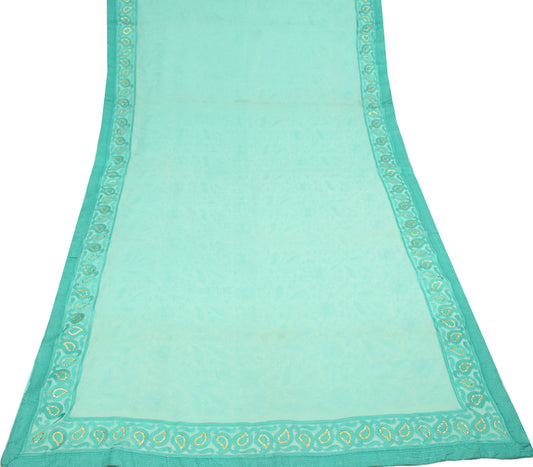 Sushila Vintage Aqua Green Saree HEAVY Embroidered Pure Georgette Sari Fabric