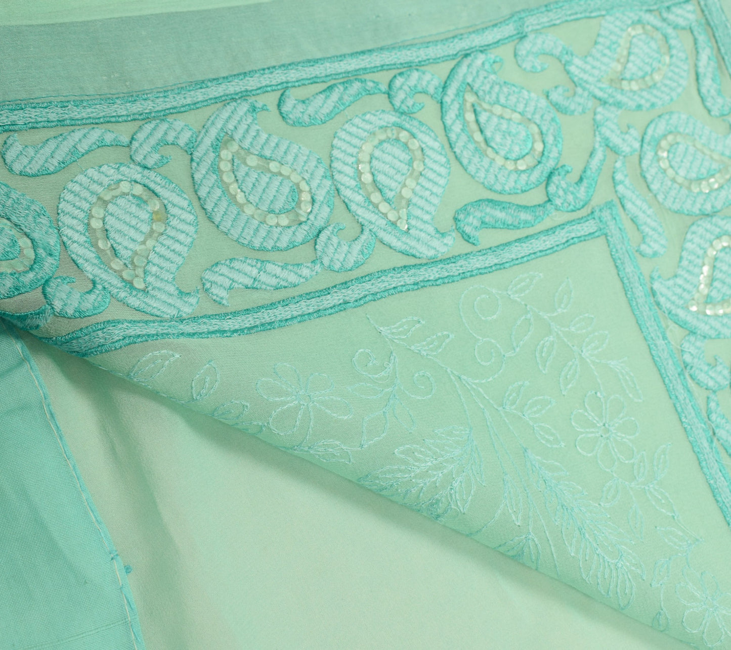 Sushila Vintage Aqua Green Saree HEAVY Embroidered Pure Georgette Sari Fabric