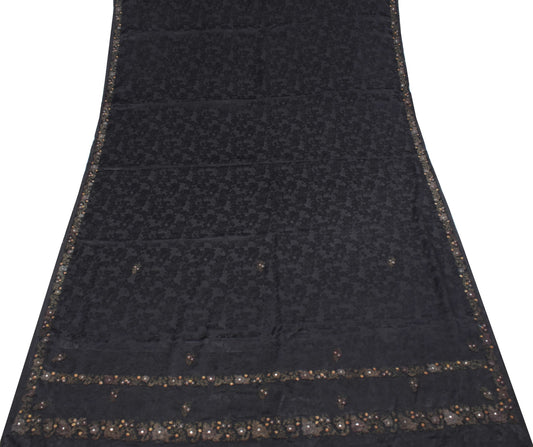 Sushila Vintage Classy Black Saree Pure Crepe Silk Self Woven HEAVY Sari Fabric