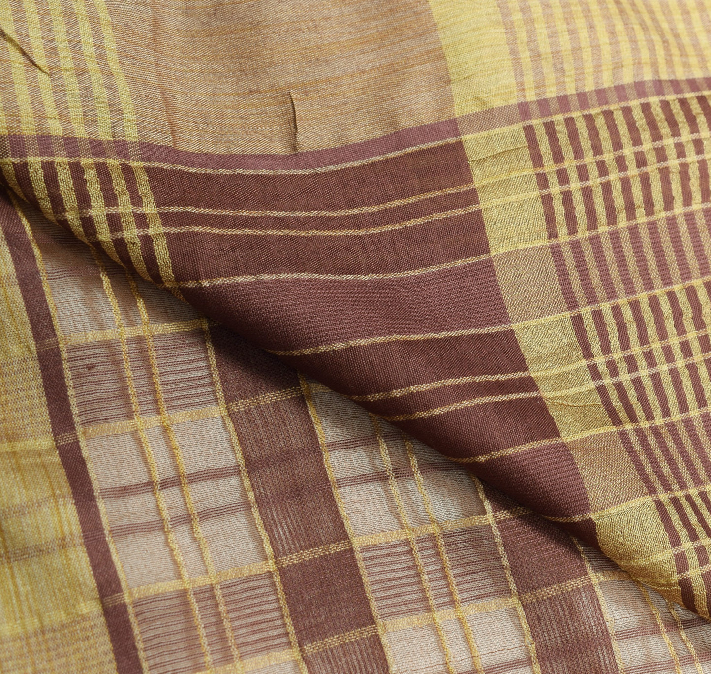 Sushila Vintage Brown Checks Saree Art Silk Woven 5Yard Indian Sari Craft Fabric