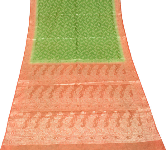 Sushila Vintage Green Saree Rust Border Pallu Pure Tussar Silk Woven Sari Fabric