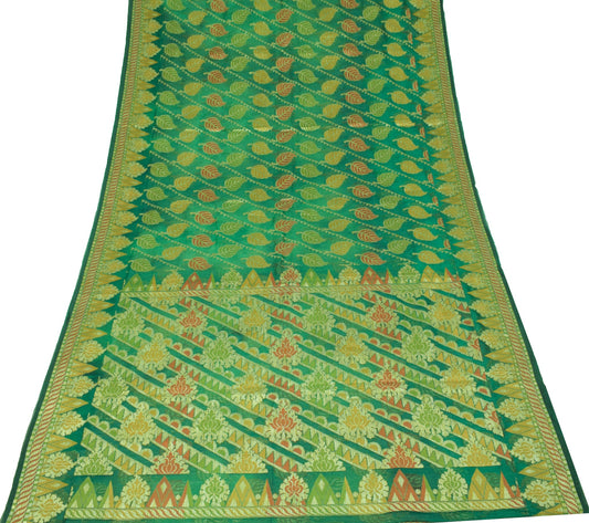 Sushila Vintage Green Saree Leaves Woven 100% Pure Silk 5 Yd Sari Craft Fabric