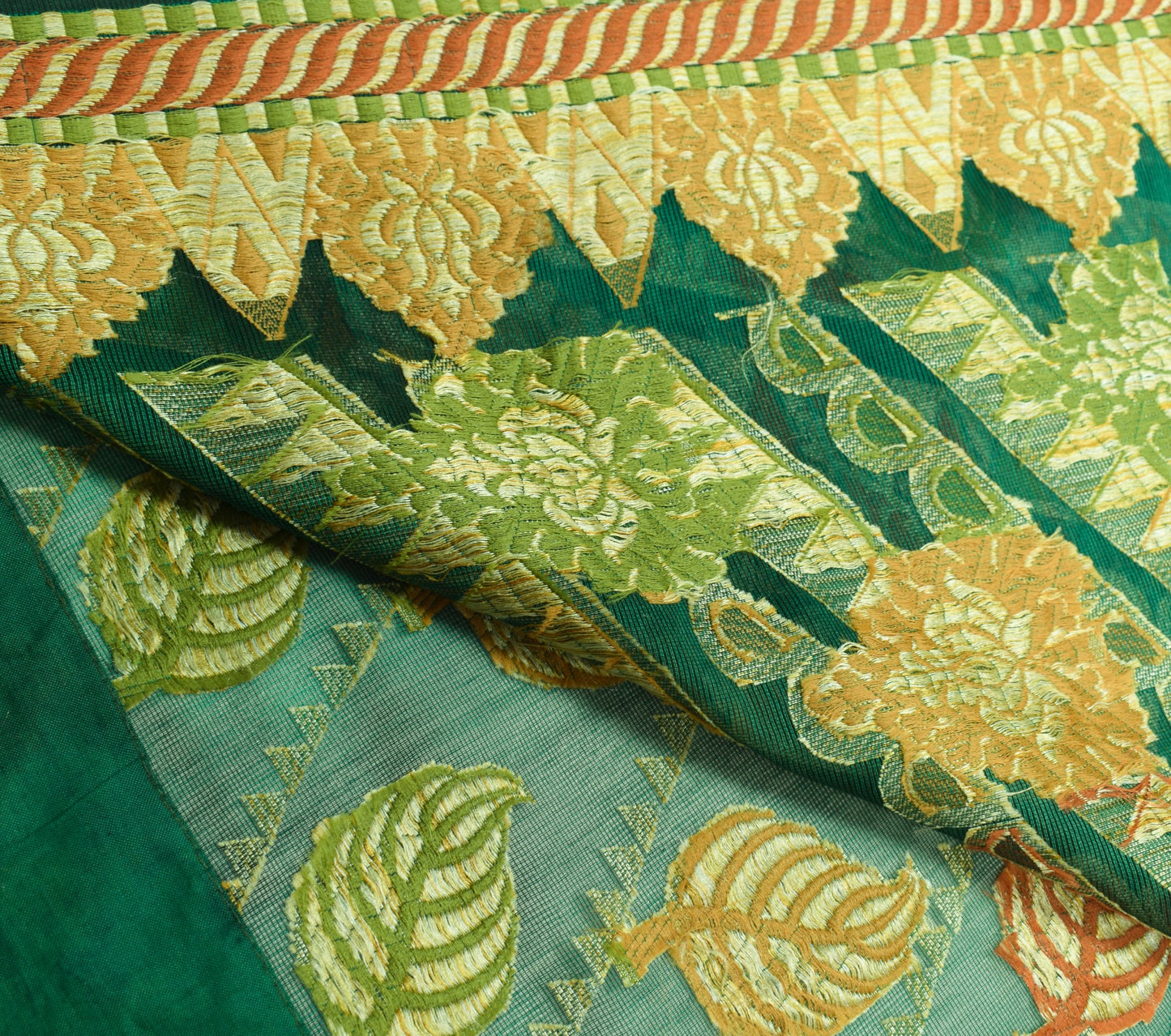 Sushila Vintage Green Saree Leaves Woven 100% Pure Silk 5 Yd Sari Craft Fabric