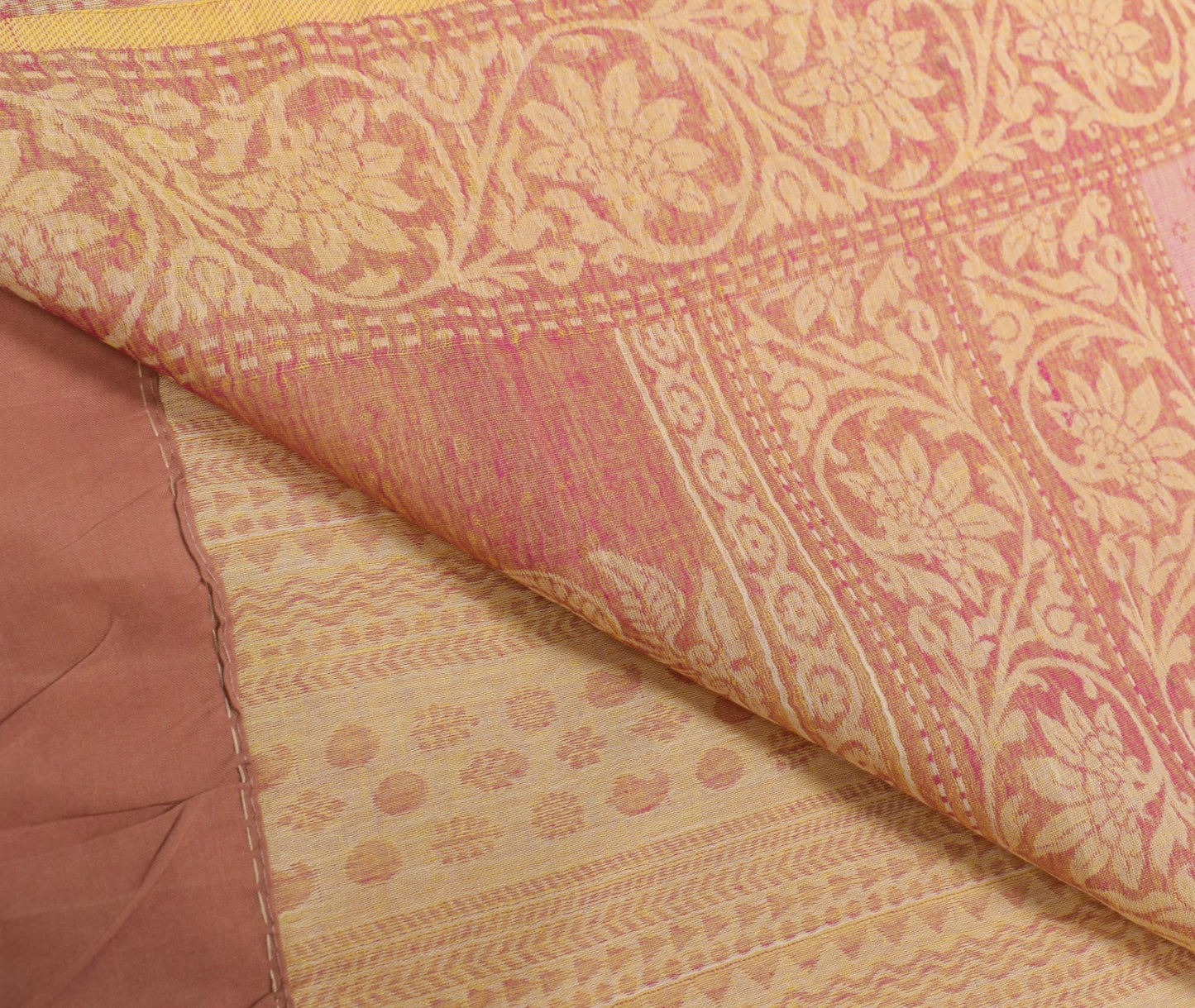 Sushila Vintage Yellow Magenta Saree Pure Cotton All Over Woven 5Yds Sari Fabric