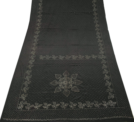Sushila Vintage Mukesh Work Saree 100% Pure Crepe Silk Floral Black Sari Fabric