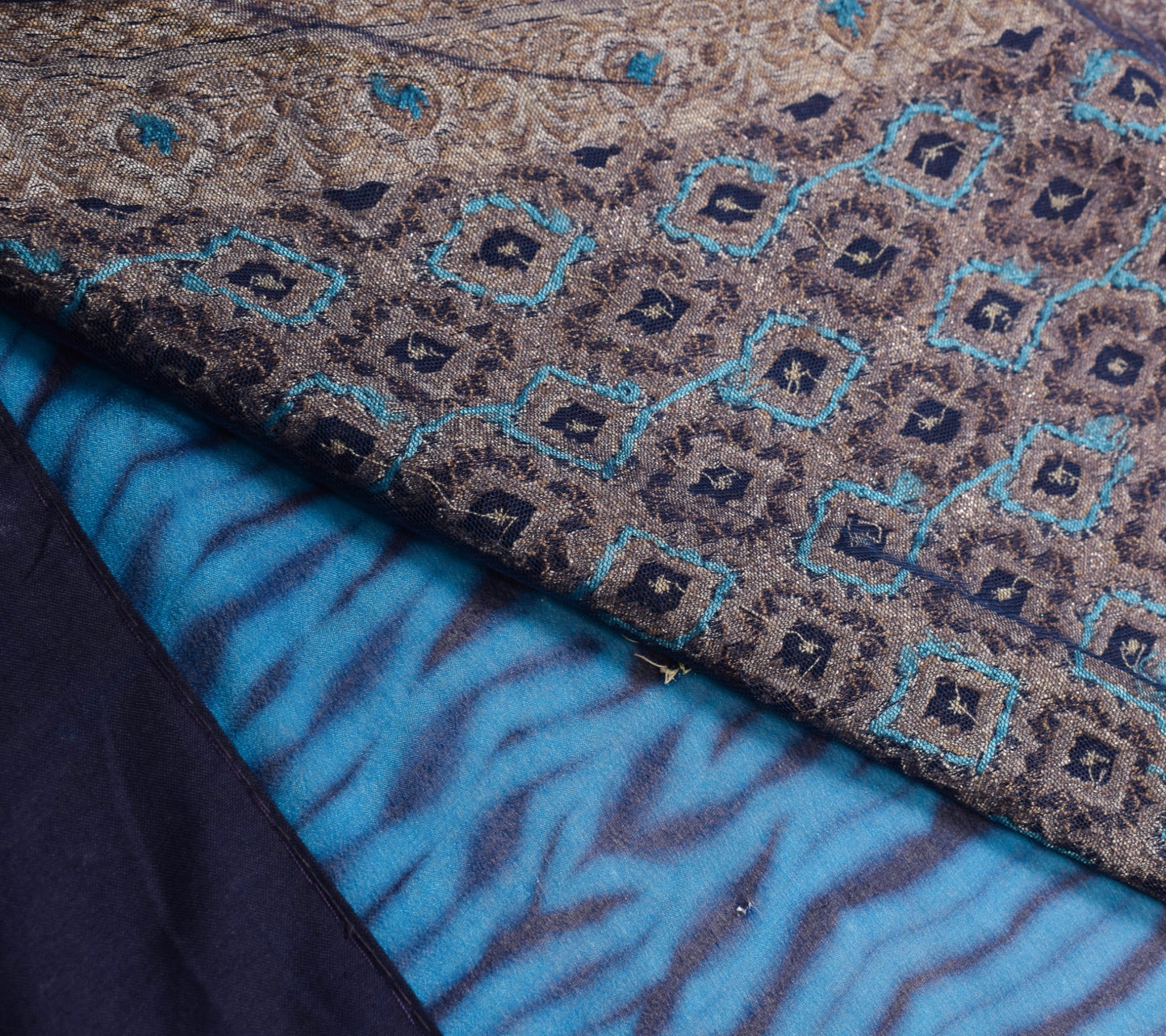 Sushila Vintage Blue Woven Saree Pure Georgette Hand Beaded Floral Sari Fabric