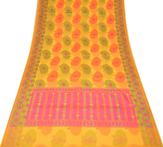 Sushila Vintage Yellow Woven Saree Art Silk Floral Indian Women Sari 5YDS Fabric