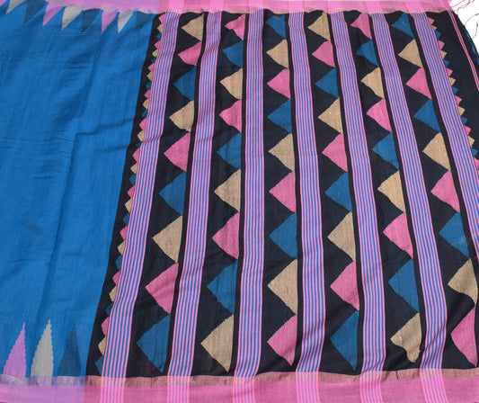 Sushila Vintage Turquoise Blue Saree Pure Cotton Silk Tant Woven 5YD Sari Fabric