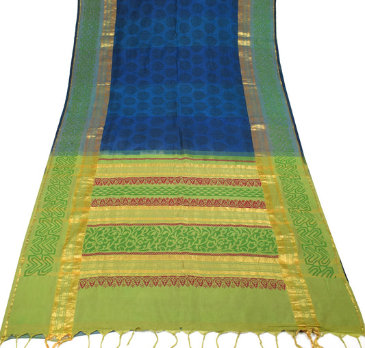 Sushila Vintage Blue Narayanpet Saree Hand Block & Woven Pure Cotton Sari Fabric
