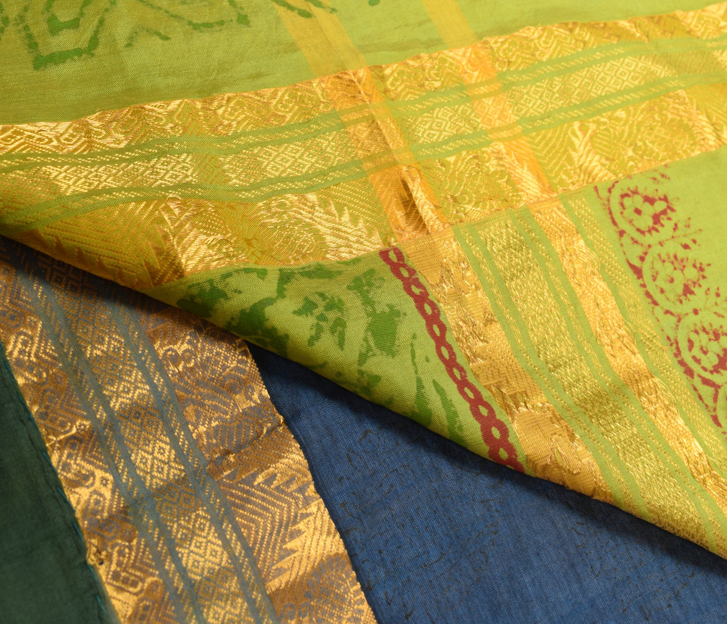 Sushila Vintage Blue Narayanpet Saree Hand Block & Woven Pure Cotton Sari Fabric