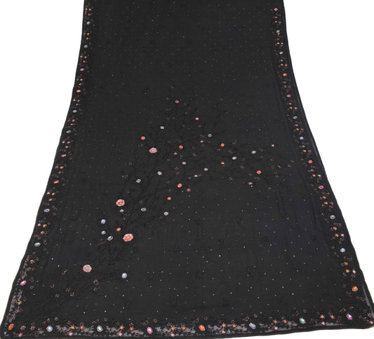 Sushila Vintage Black Classy Saree Pure Georgette Hand Embroidered Sari Fabric