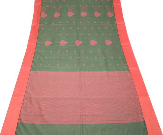 Sushila Vintage Green Saree with Pink Border Pure Cotton Woven Sari Craft Fabric