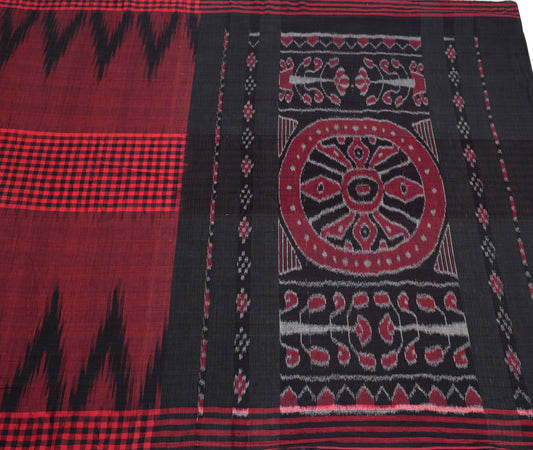 Sushila Vintage Maroon Black Saree Hand Woven Ikat Patola PureCotton Sari Fabric