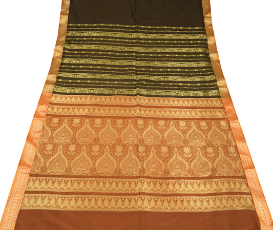 Sushila Vintage Green Saree Mustard Border Pallu Pure Silk Woven Sari Fabric