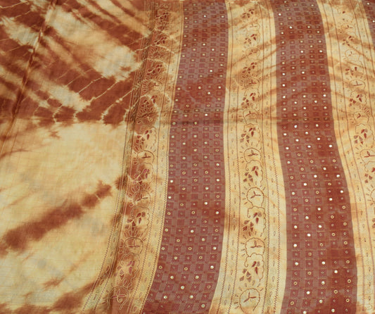 Sushila Vintage Brown Tie-Dye Saree 100%Pure Tussar Silk Embroidered Sari Fabric