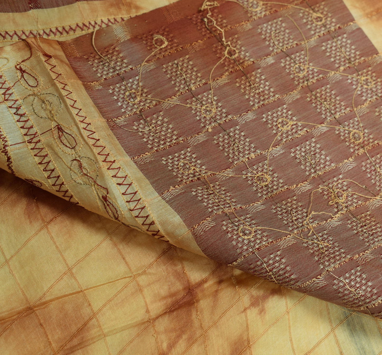Sushila Vintage Brown Tie-Dye Saree 100%Pure Tussar Silk Embroidered Sari Fabric