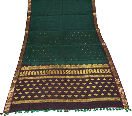 Sushila Vintage Dark Green Saree Pure Cotton Silk Zari Woven Premium Sari Fabric