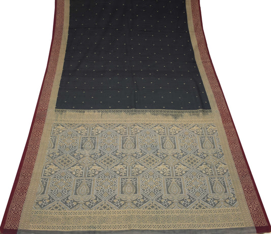 Sushila Vintage Black Hand Woven Saree 100% Pure Silk Floral Sari Soft Fabric