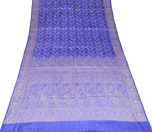 Sushila Vintage Blue Floral Saree Pure Tussar Silk All Over Woven Sari Fabric