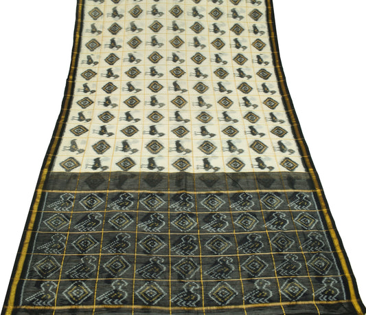 Sushila Vintage Cream Saree Pure Cotton Silk Hand Woven Pochampally Ikat Sari