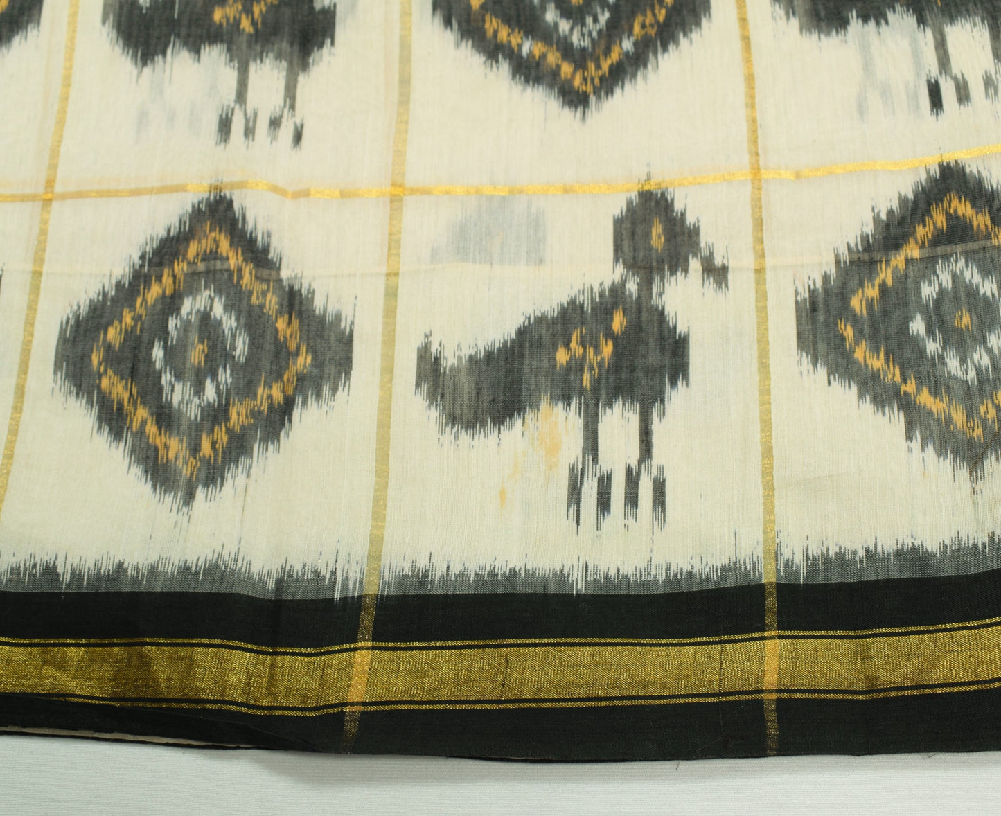 Sushila Vintage Cream Saree Pure Cotton Silk Hand Woven Pochampally Ikat Sari