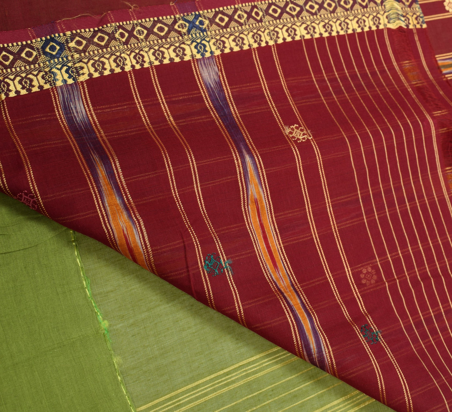 Sushila Vintage Green Saree Pure Cotton Hand Woven Ikat Patola Sari Craft Fabric