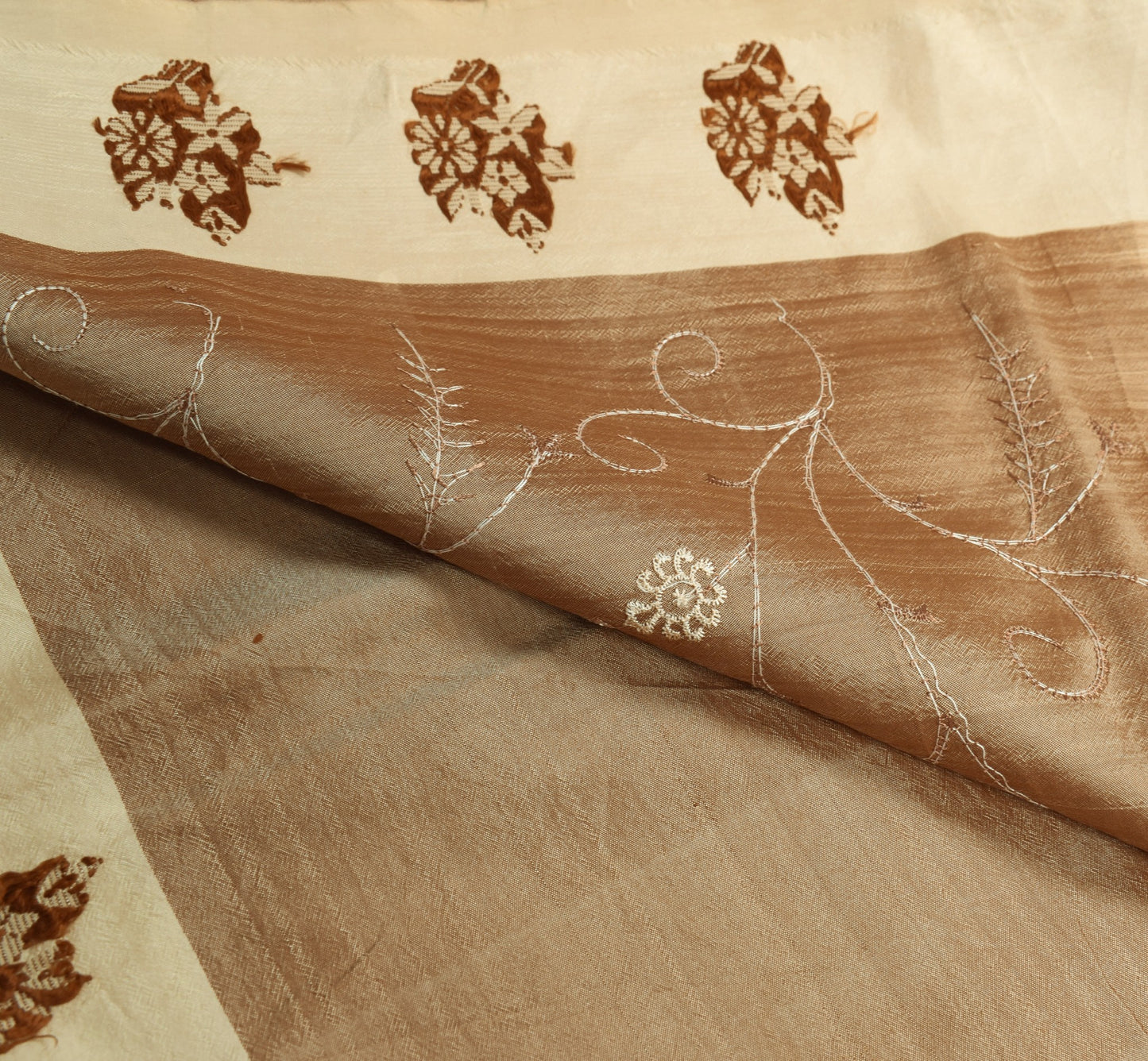 Sushila Vintage Brown Pure Silk Saree Hand Woven Embroidered Floral Sari Fabric