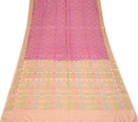 Sushila Vintage Pure Tussar Silk Saree All Over Woven Pink Floral 6 Yard Sari