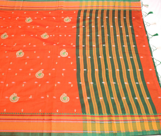 Sushila Vintage Narayanpet Art Silk Saree Woven & Embroidered Orange Sari Fabric