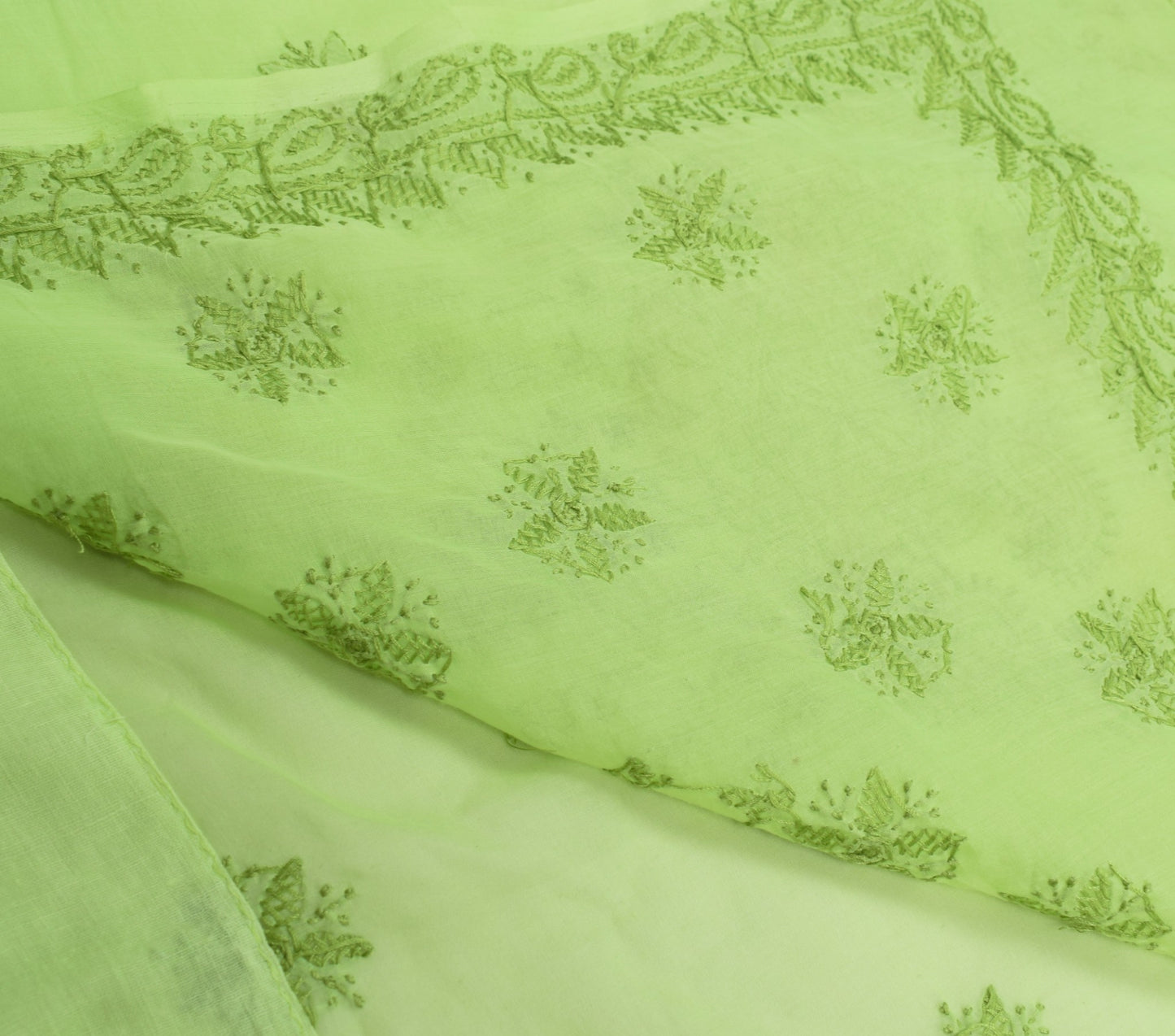 Sushila Vintage Lucknow Chikankari Saree Art Cotton Embroidery Green Sari Fabric
