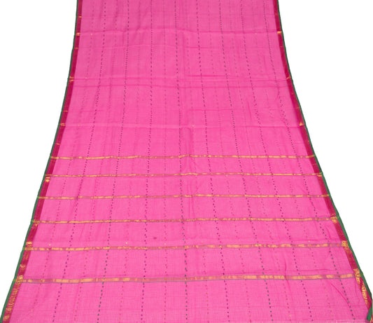 Sushila Vintage Magenta Saree Hand Woven Pure Cotton Silk Kota Doria Sari Fabric