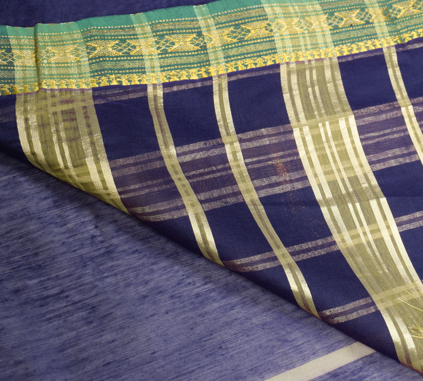 Sushila Vintage Dark Saree Green Zari Woven Border Art Cotton 8 Yds Sari Fabric