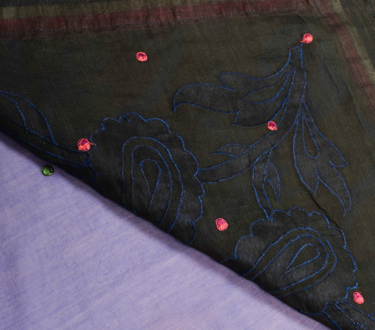 Sushila Vintage Black AppliqueWork Saree Pure Cotton Designer Floral Sari Fabric