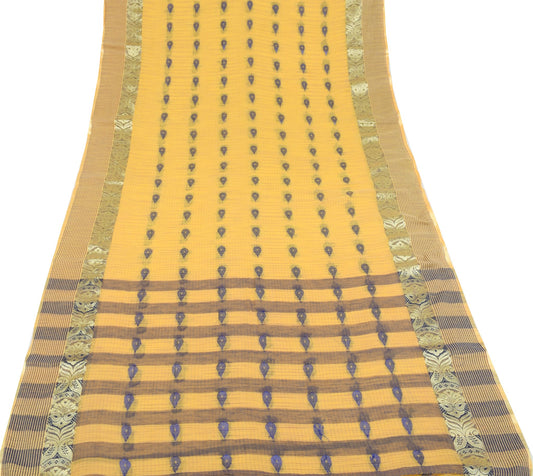 Sushila Vintage Handloom Tant Woven Saree Yellow Pure Cotton Soft Sari Fabric