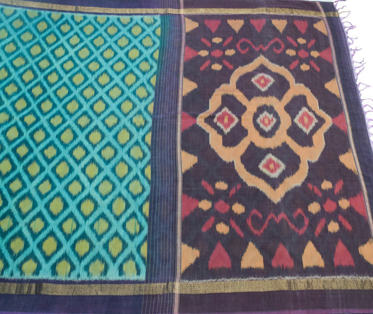 Sushila Vintage Sky Blue Saree Pure Cotton Silk Hand Woven Pochampally Ikat Sari