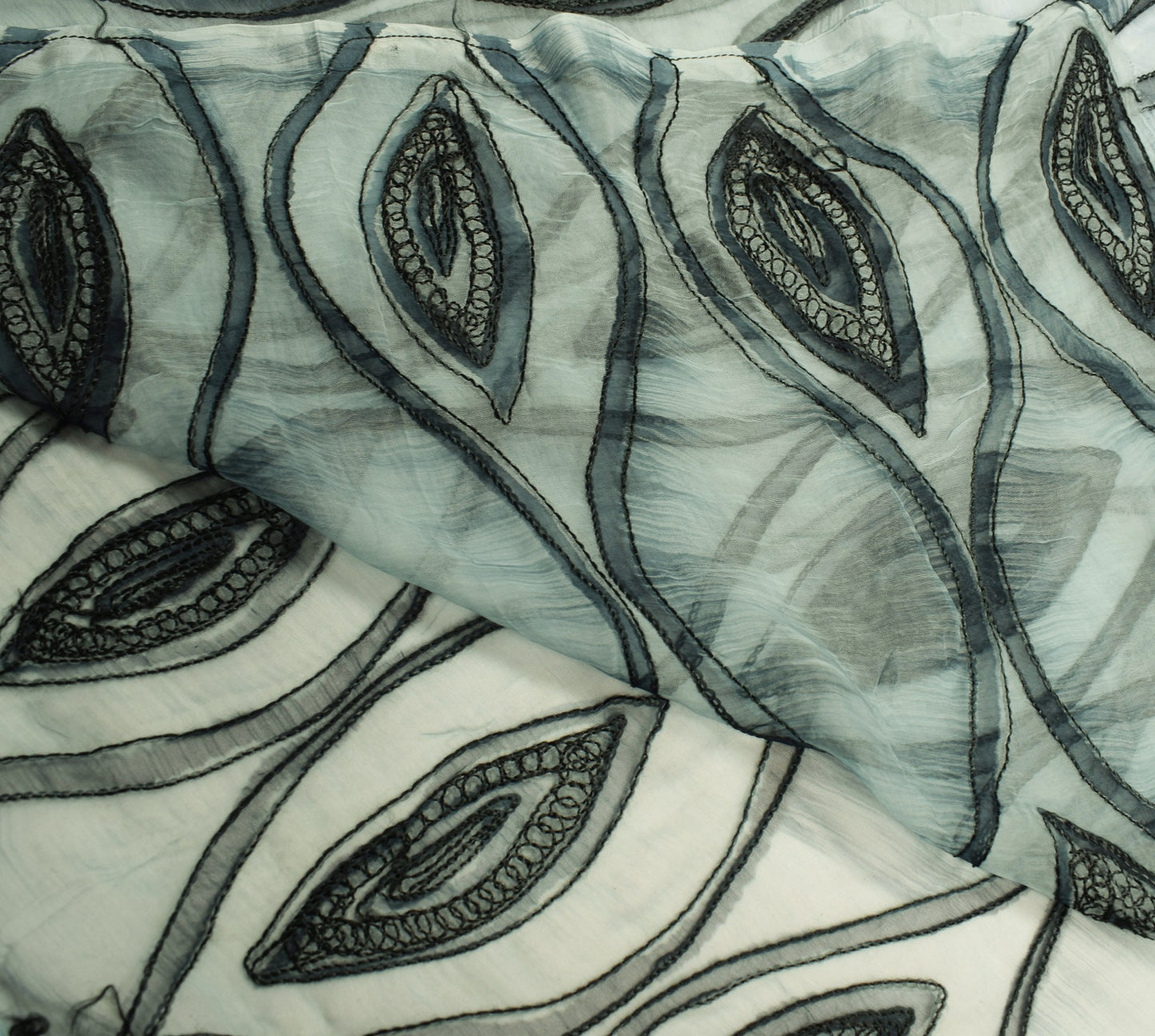 Sushila Vintage Pure Chiffon Silk Saree Chain Stitch Embroidery 6Yds Sari Fabric