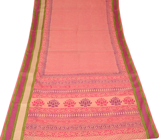 Sushila Vintage Peach Hand Block Saree with Woven Border Pure Cotton Silk Sari